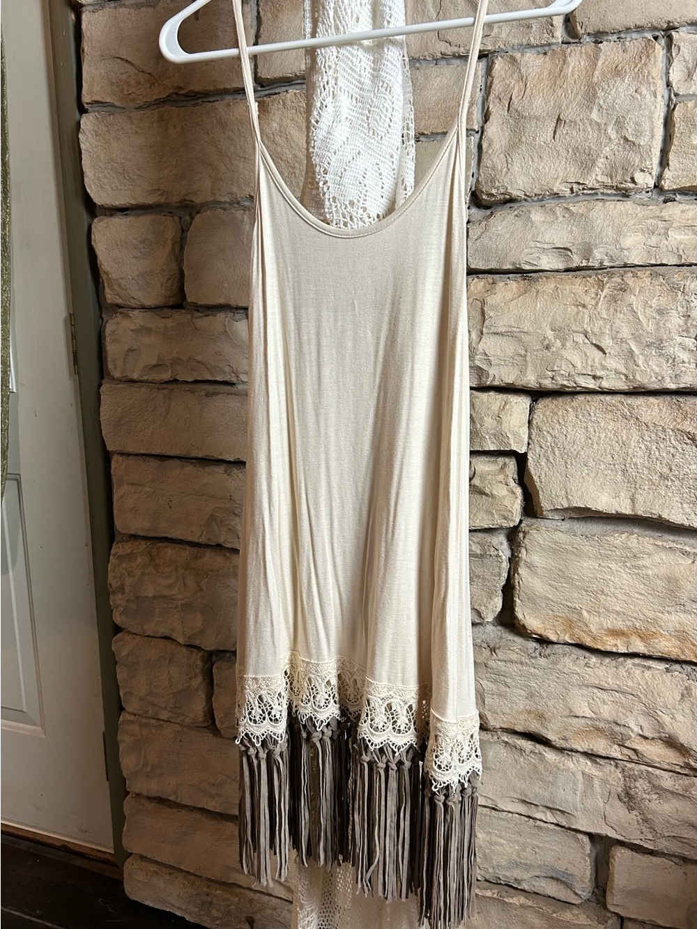 Cream Fringe Lace Trim Tank Dress